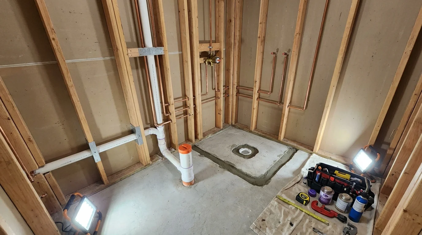 Bathroom rough-in plumbing during remodel by Johns Plumbing LLC in East Moline