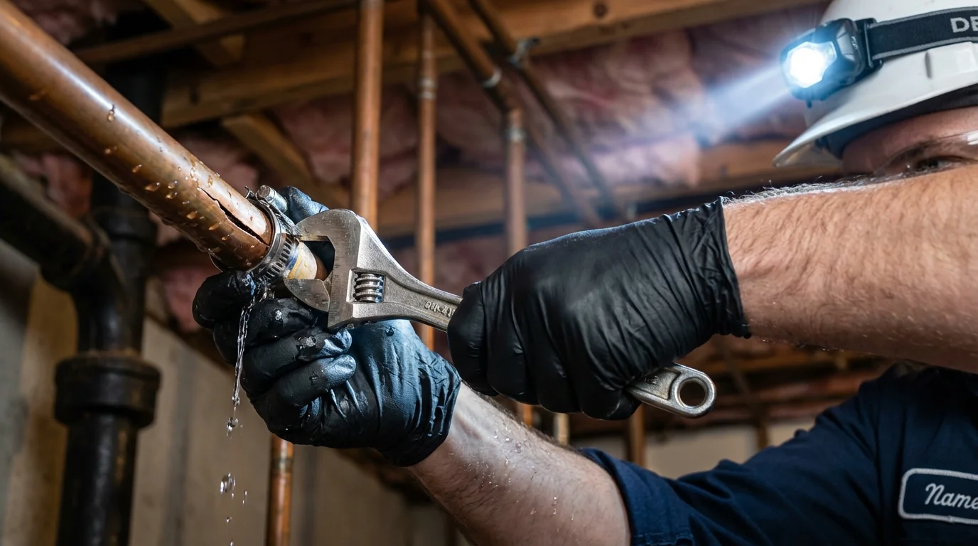 Emergency pipe clamp repair being performed by a Johns Plumbing LLC plumber in East Moline
