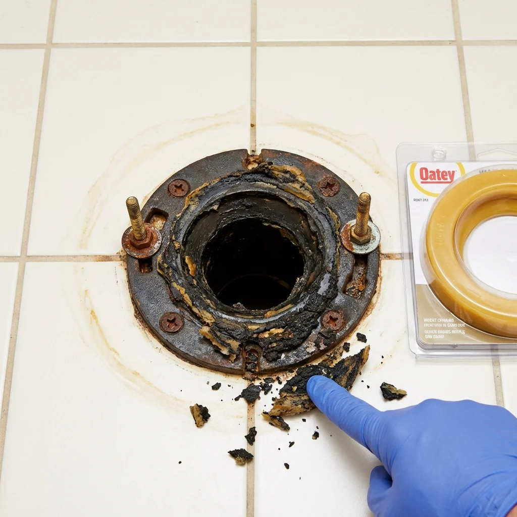 Failed wax ring showing water seepage at the base of a toilet in a East Moline, IL home