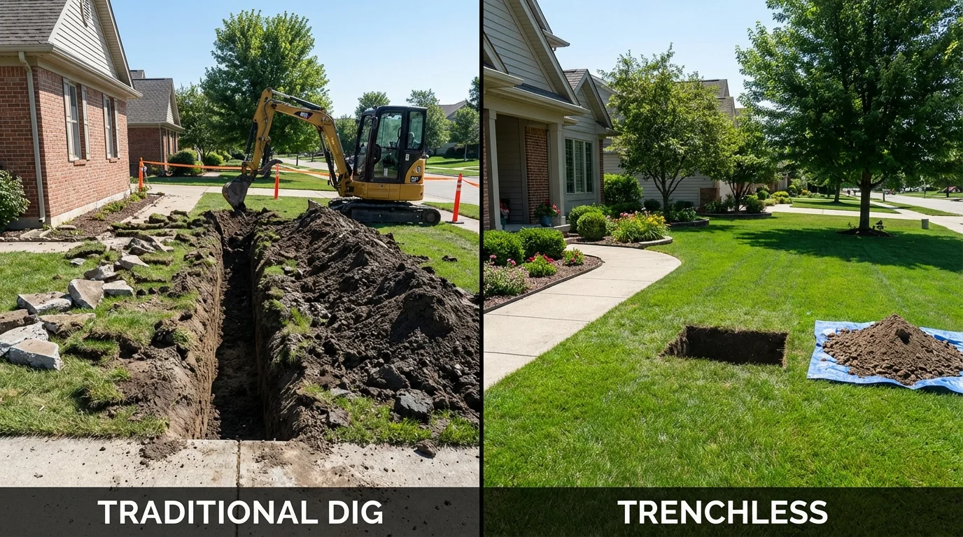 Trenchless sewer repair with minimal yard damage versus traditional excavation in East Moline, IL